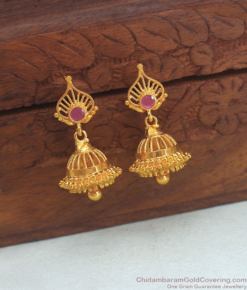 One Gram Gold Jhumka Earring Ruby Stone Leaf Pattern ER3055