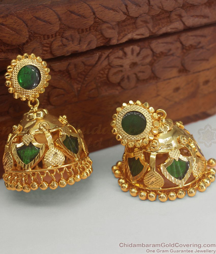 Big Size Palakka Jhumki Kerala Pattern Gold Earring Green Stone ER3062