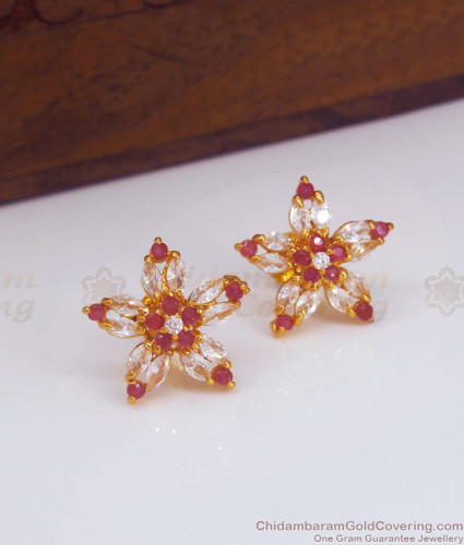 Tiny jhumka dangling designer flowery one gram gold CZ earrings – Simpliful  Jewelry