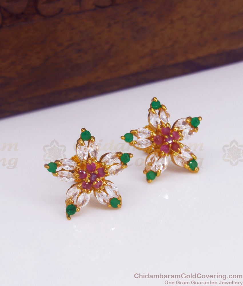 Star Shaped Gold Imitation Stud Earring White Green Stone ER3090