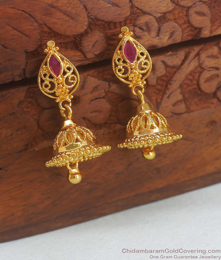 Simple Design Gold Plated Jhumka With Ruby Stone ER3123
