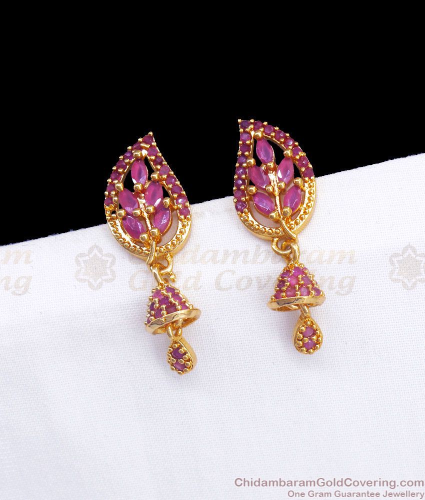 Leaf Design Gold Plated Jhumki Earring Full Ruby Stone ER3203