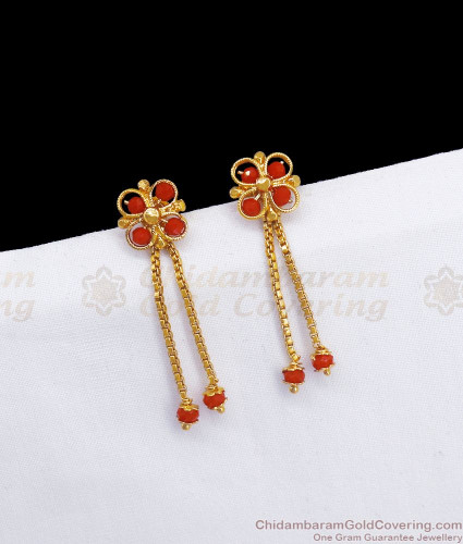 4 Petal Red Coral Stone Gold Dangler Earring ER3281