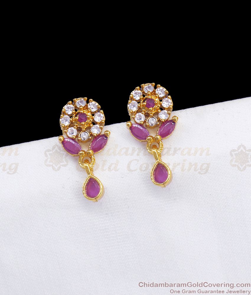 Cz Ruby White Stone Gold Plated Stud Earring Floral Design ER3313