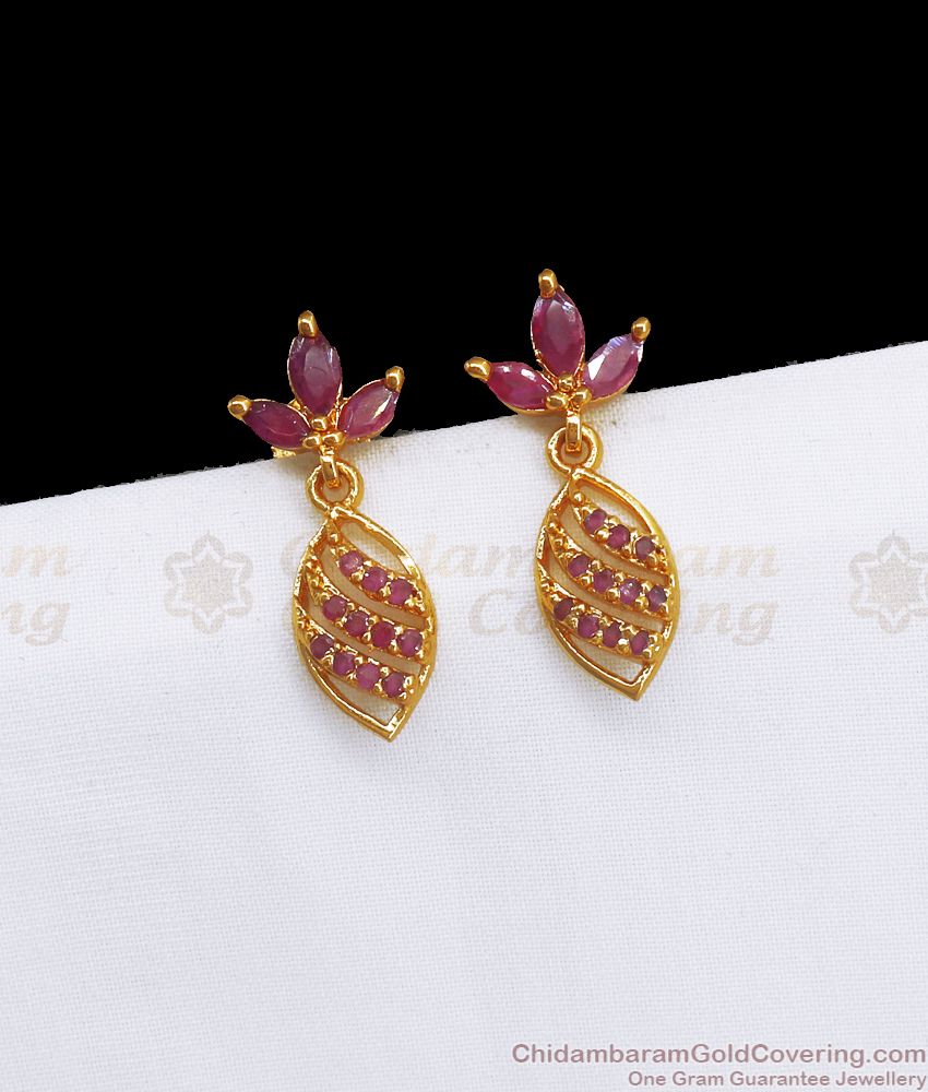 CZ Ruby Stone One Gram Gold Stud Leaf Design ER3333