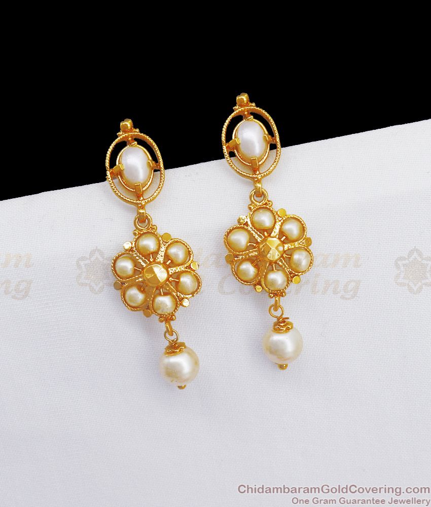 Beautiful 1 Gram Gold Earring White Pearl Stone Dangler ER3335