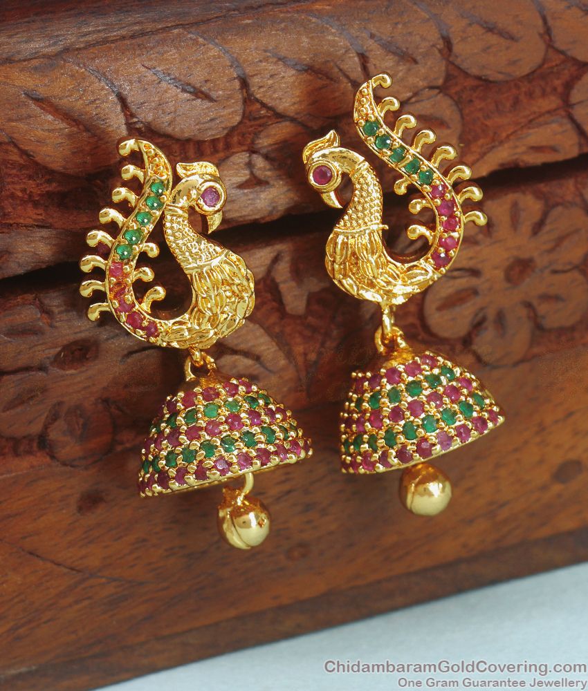 Beautiful Peacock Design Gold Jhumki Earring Multi Stone ER3347