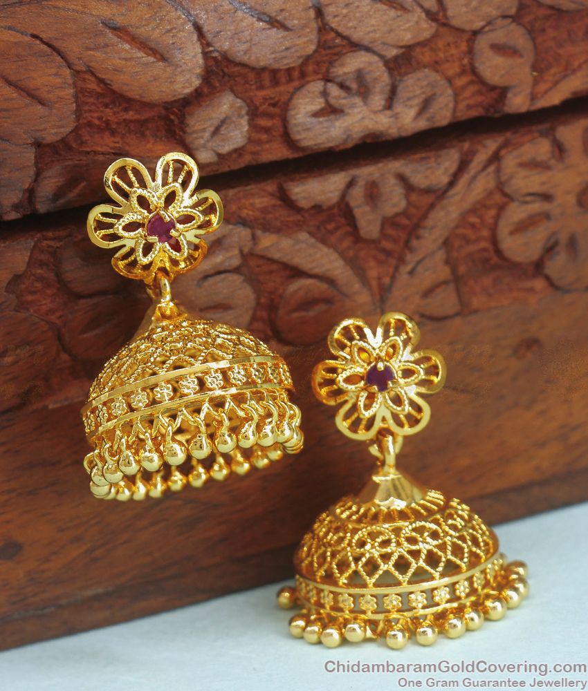 Bridal One Gram Gold Jhumki Earring Ruby Stone Design ER3348
