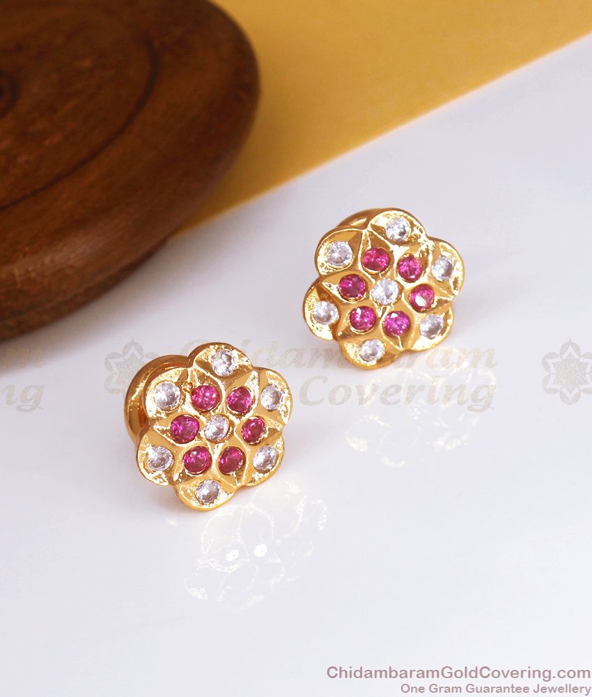 Six Petal Flower Stud Impon Earring Ruby White Stone ER3380