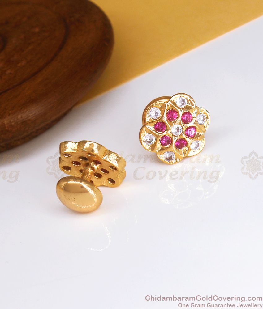 Six Petal Flower Stud Impon Earring Ruby White Stone ER3380