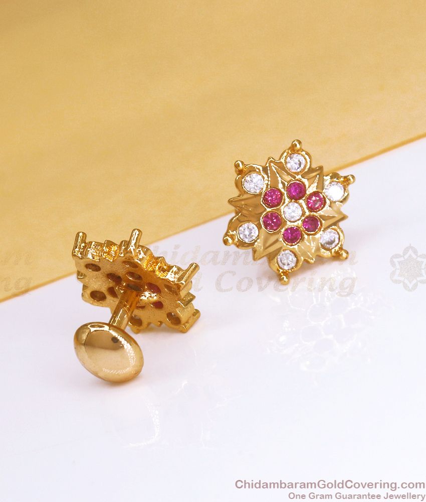 Real Impon Gold Stud Earring Ruby White Stone Gati Jewelry ER3387