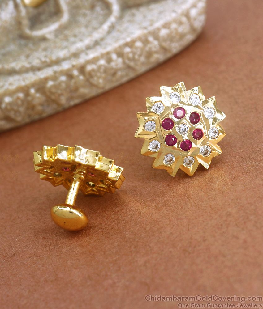 Traditional Impon Big Stud Earring Ruby White Stone ER3429