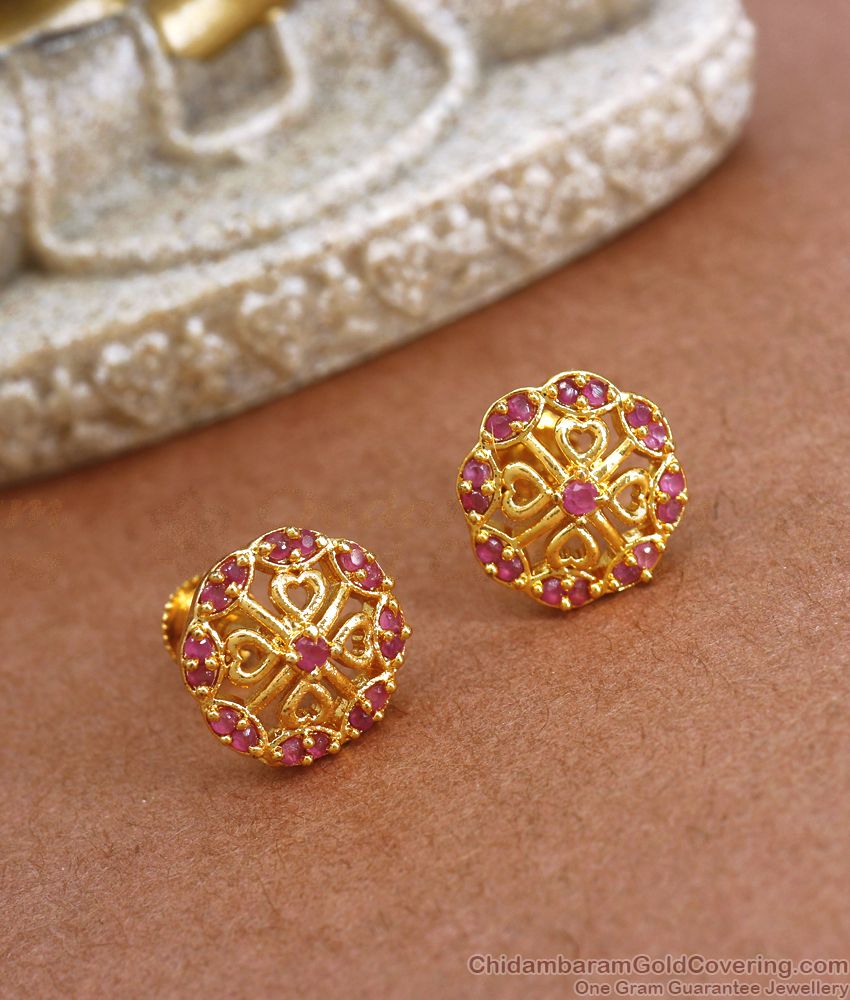 Trendy College Wear One Gram Gold Stud Earring Ruby Stone Design ER3444