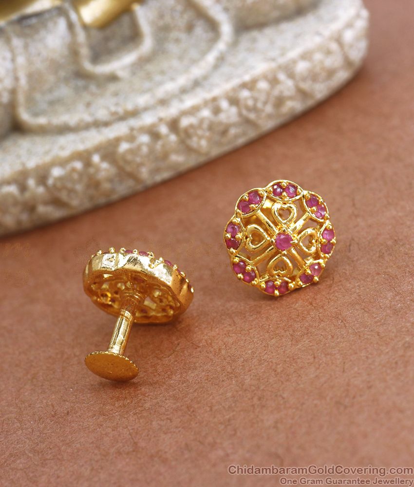 Trendy College Wear One Gram Gold Stud Earring Ruby Stone Design ER3444