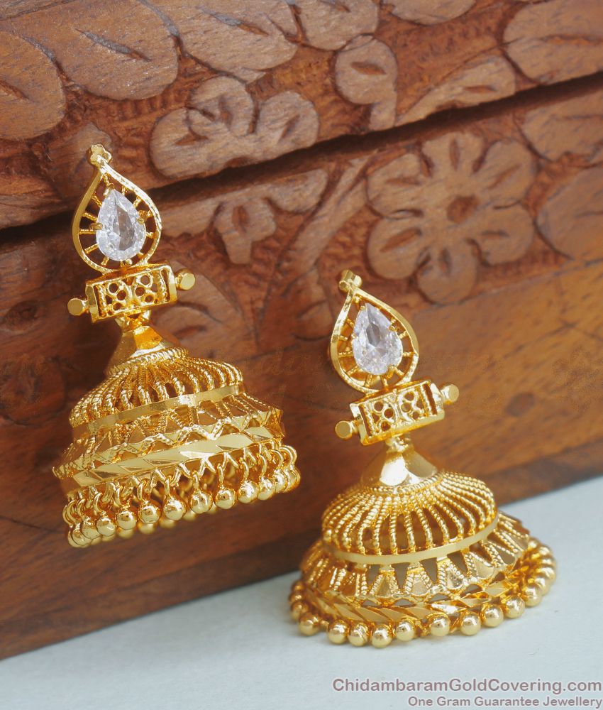  Gold Jhumkas Imitation White Stone Earrings ER3458