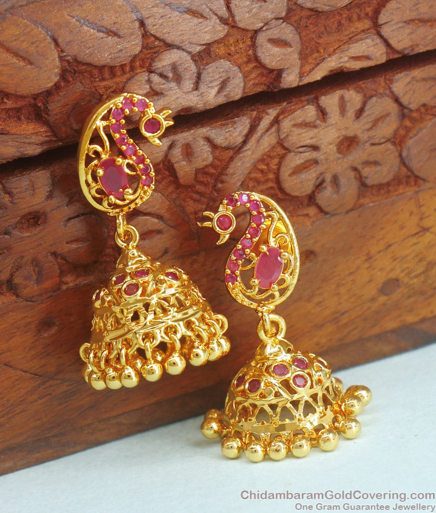 1 Gram Gold Jhumka With Peacock Pattern Shop Online ER3467