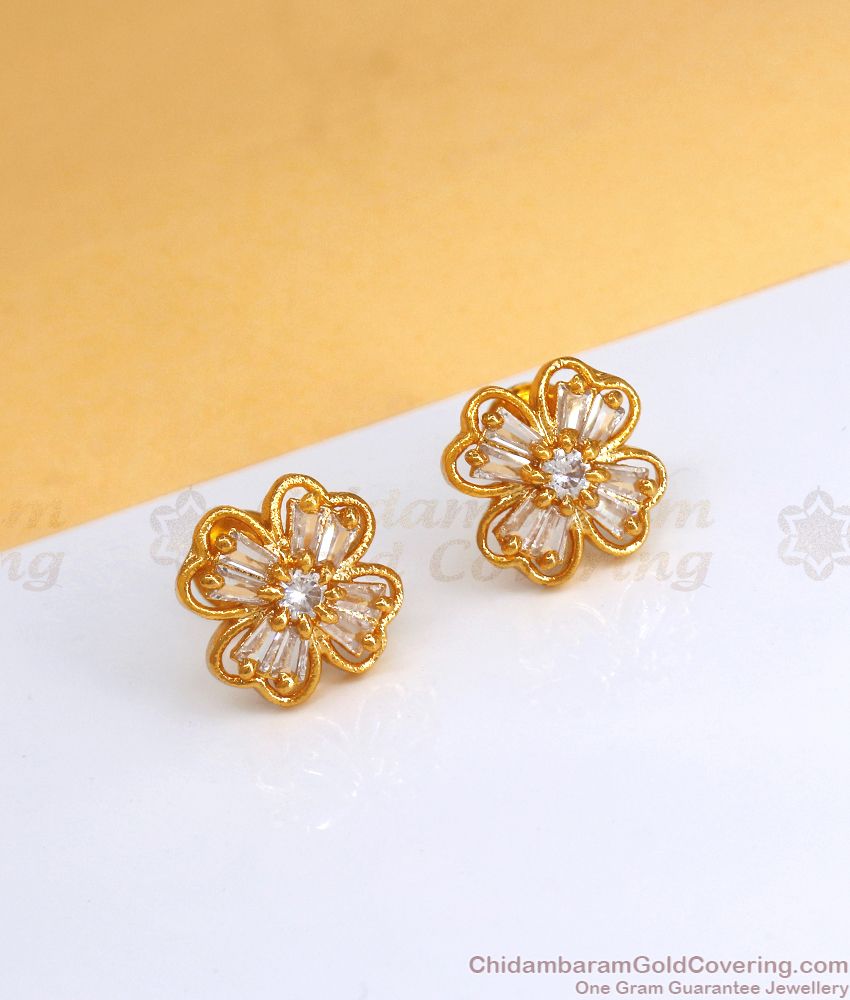 Unique One Gram Gold Stud Full White Stone Flower Earring Collections ER3478