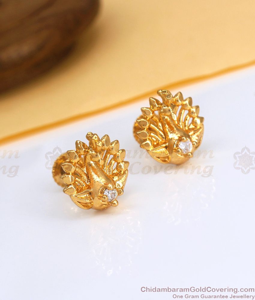 Cute Peacock Gold Plated Stud With White Stone ER3487