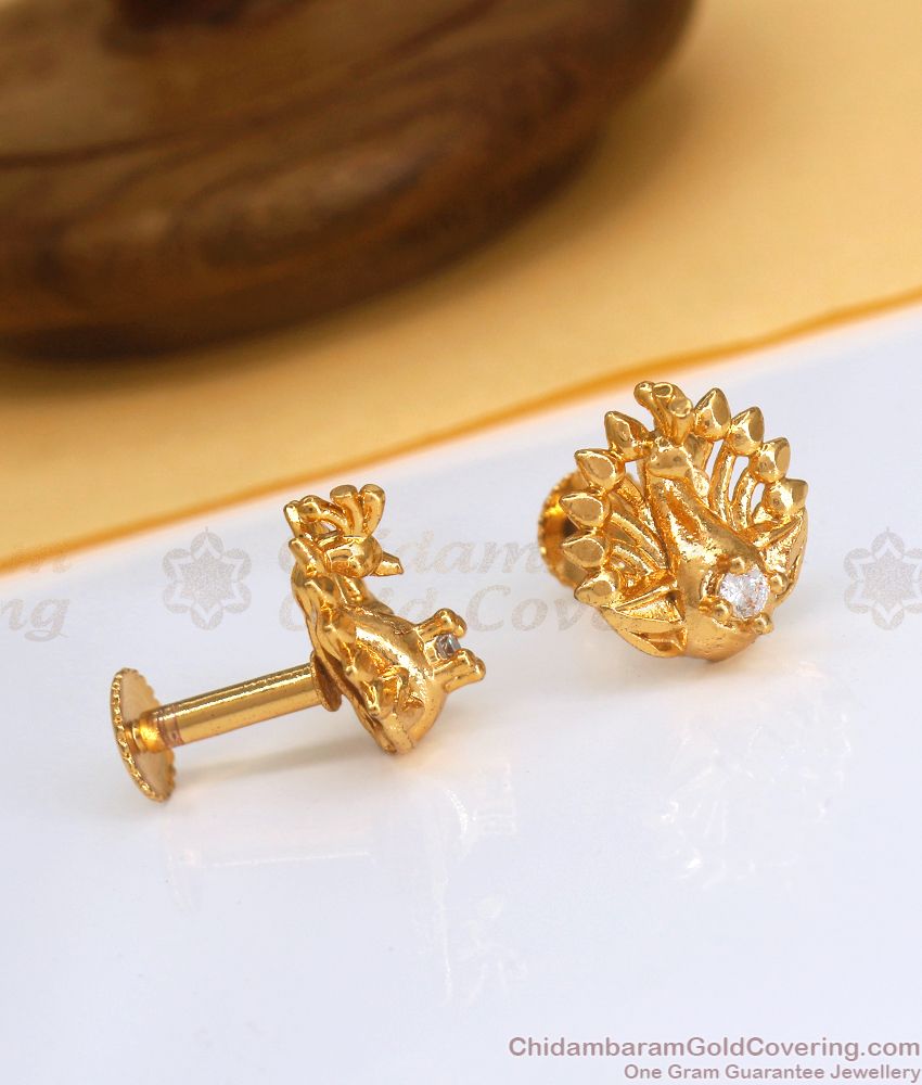 Cute Peacock Gold Plated Stud With White Stone ER3487