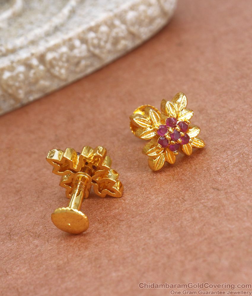 Classic 1 Gram Gold Stud With Ruby Stone Flower Design ER3490 Classic 1 Gram Gold Stud With Ruby Stone Flower Design ER3490