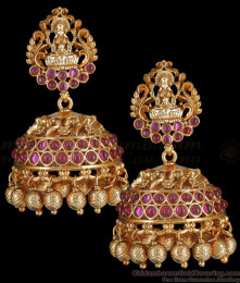 Bridal Wear Antique Gold Jhumki Ruby Kemp Stone Design ER3553 Bridal Wear Antique Gold Jhumki Ruby Kemp Stone Design ER3553