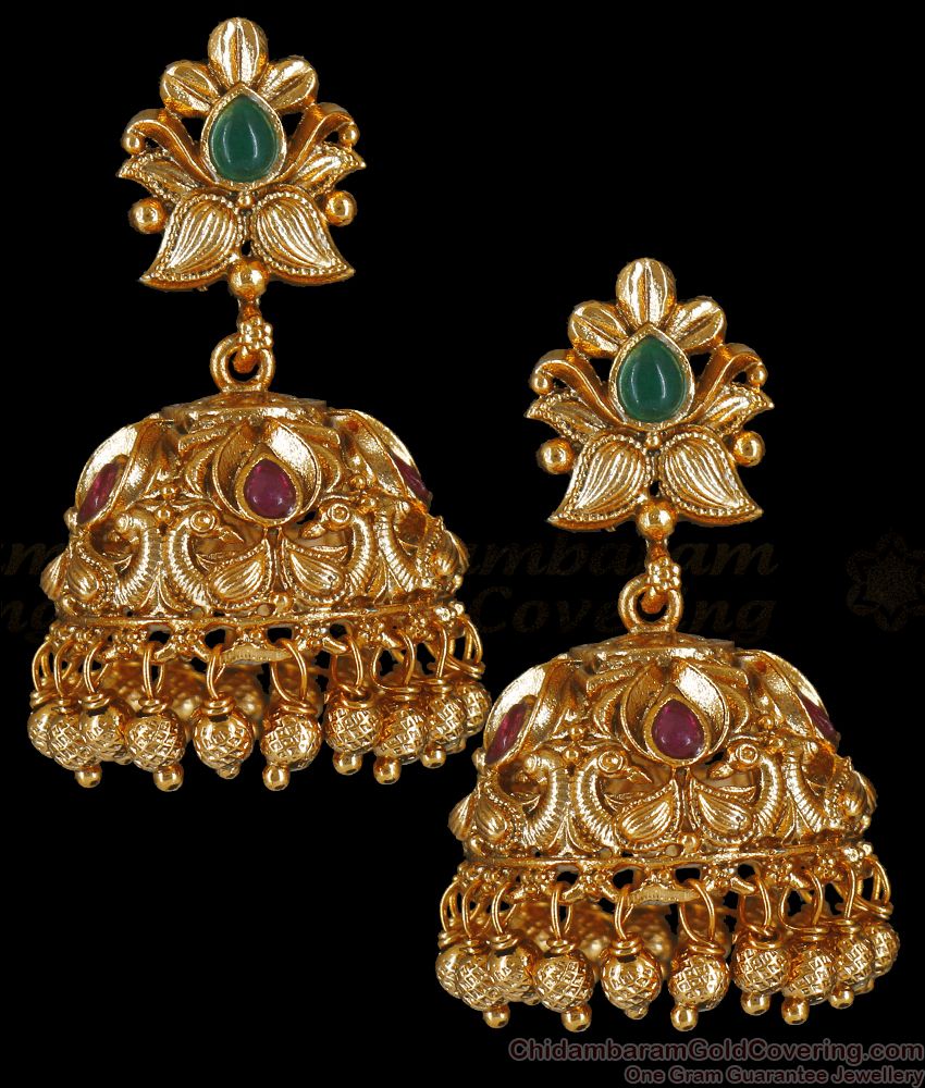 Antique Gold Tone Jhumki Earring Ruby Green Kemp Stone ER3556