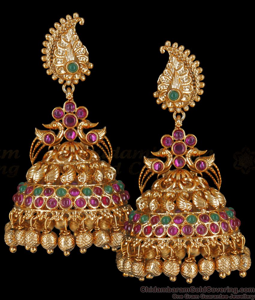 Grand Antique Big Jhumki Mango Stud Design Kemp Stone Earrings ER3560