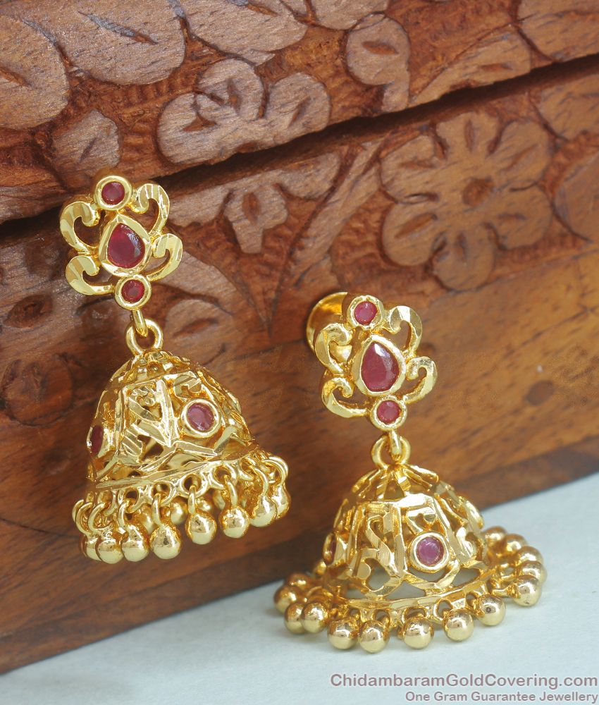 One Gram Gold Jhumka Earring Ruby Kemp Stone ER3575