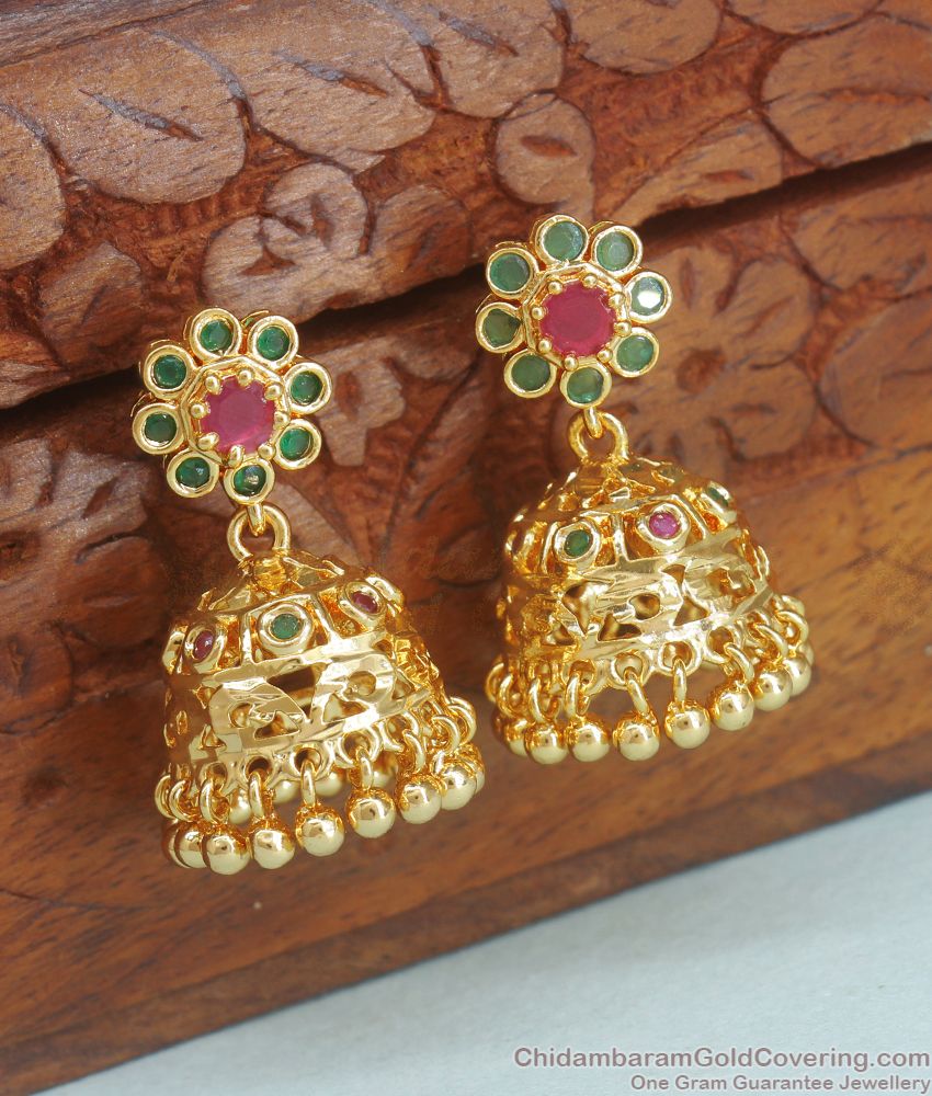 South Indian Gold Plated Jhumki Earring Ruby Green Stone ER3576