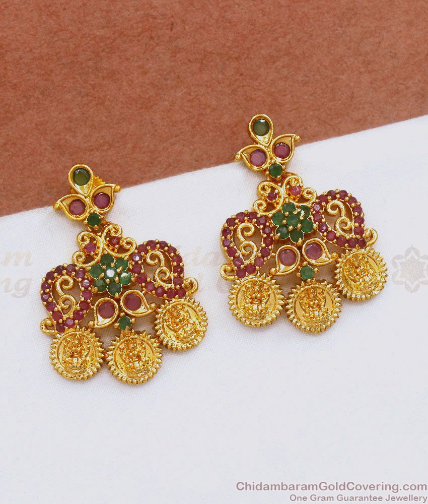 Beautiful Lakshmi Coin Gold Plated Earring Ruby Green Stone ER3593