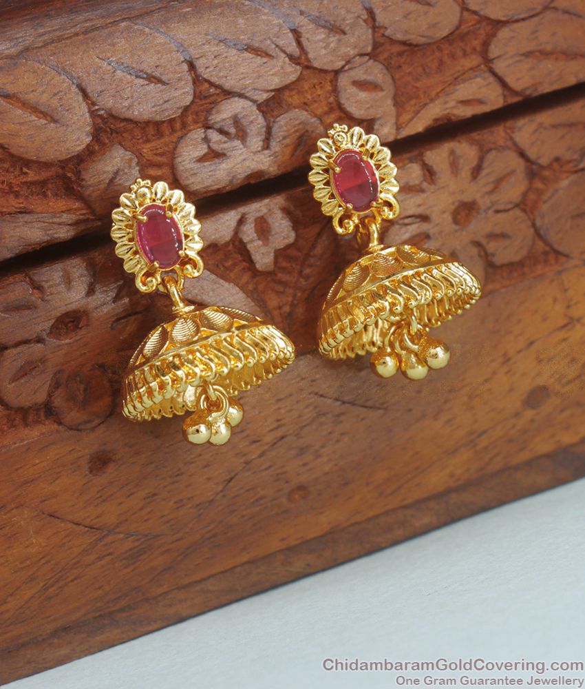 Cute Kerala Pattern Gold Jhumki Earring Ruby Stone Design ER3604