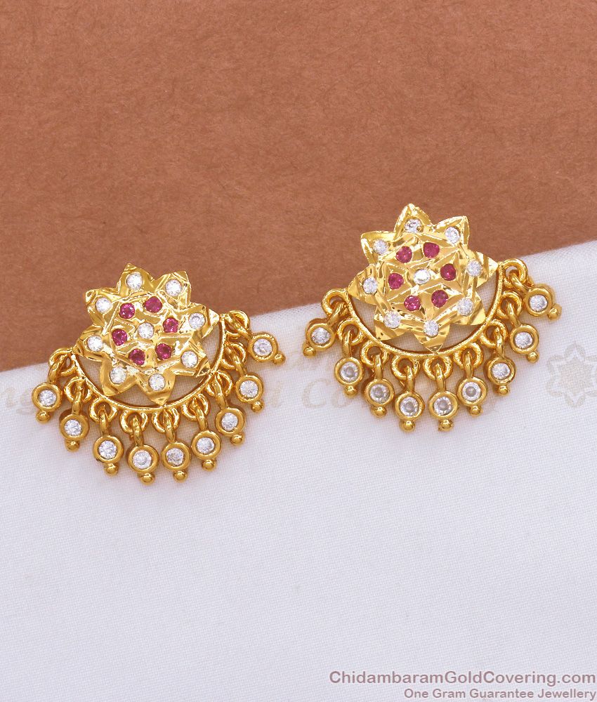 Traditional Impon Gold Stud Big Earring Hanging Gati Stone Designs ER3652