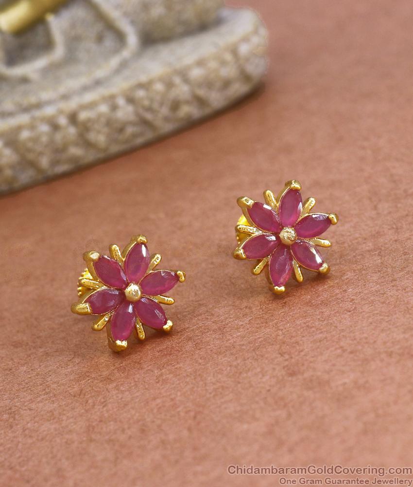 Regular Wear Gold Studs Earring Ruby Stone Floral Design ER3751