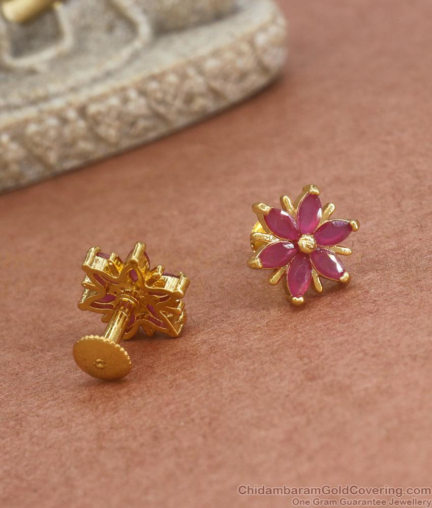 Regular Wear Gold Studs Earring Ruby Stone Floral Design ER3751