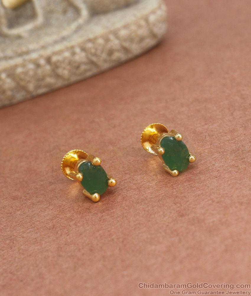 Simple Gold Plated Earring Screw Back Studs With Emerald Stone ER3760