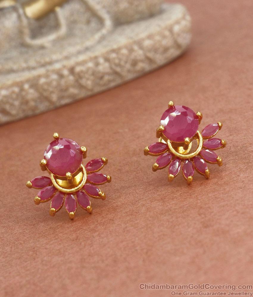 Full Ruby Stone Gold Imitation Earrings Floral Studs Collections ER3764