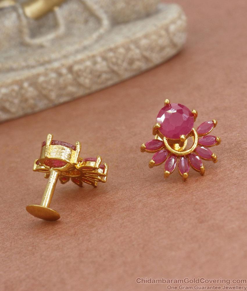 Full Ruby Stone Gold Imitation Earrings Floral Studs Collections ER3764