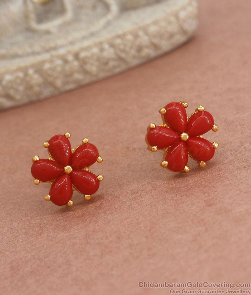 Beautiful Red Coral Stone Studs Gold Plated Jadau Earrings ER3785