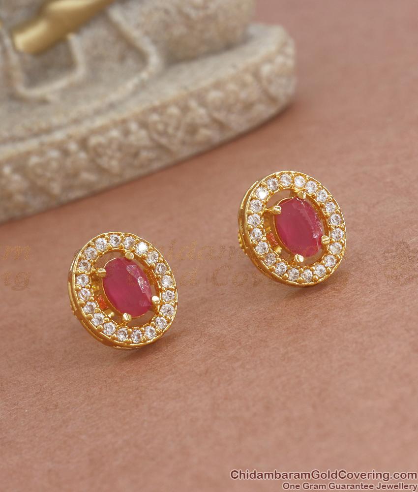 Medium Size Gold Plated Oval Stud Earrings Ruby White Stone Designs ER3799