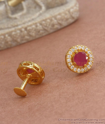 Earrings 1 Gram Gold Earring Stud Earring Saubhagya Collection Shiny Flower  Maroon CZ Screw Back Alloy 1 One Gram Gold Plated