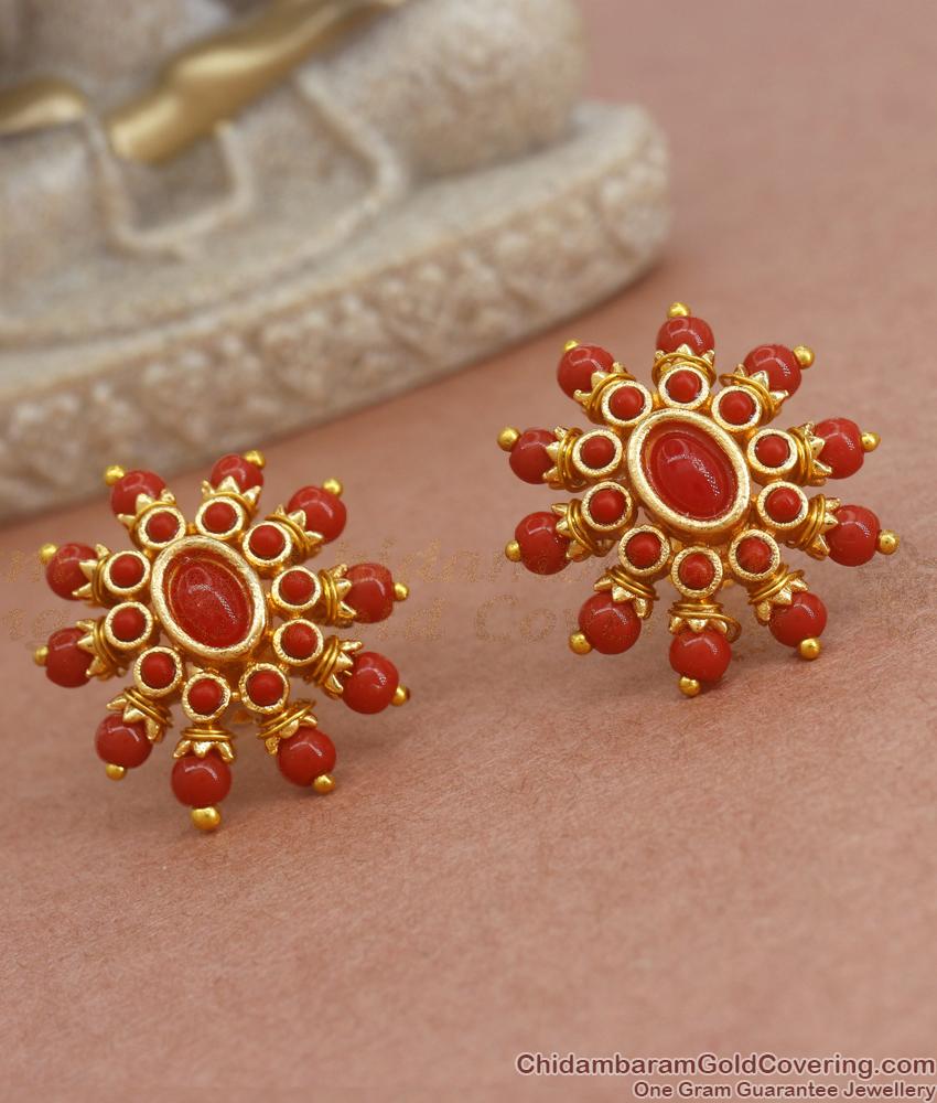 Traditional Rajasthani Gold Studs Earrings Coral Stone Designs ER3812