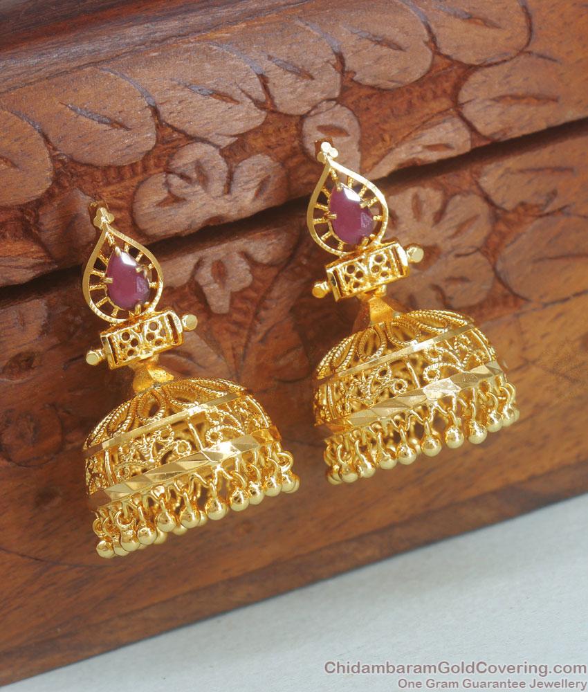 Bridal 1 Gram Gold Earrings Ruby Stone Jhumki Collections ER3847