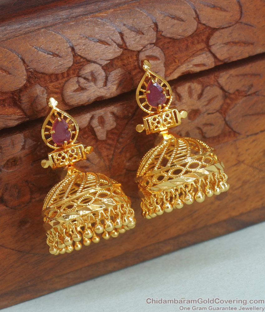 One Gram Gold Jhumki Kerala Pattern Ruby Stone Big Earrings ER3855