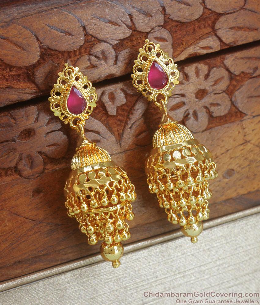 Grand Bridal Ruby Kemp Stone Gold Adukku Jhumki Earring ER3856