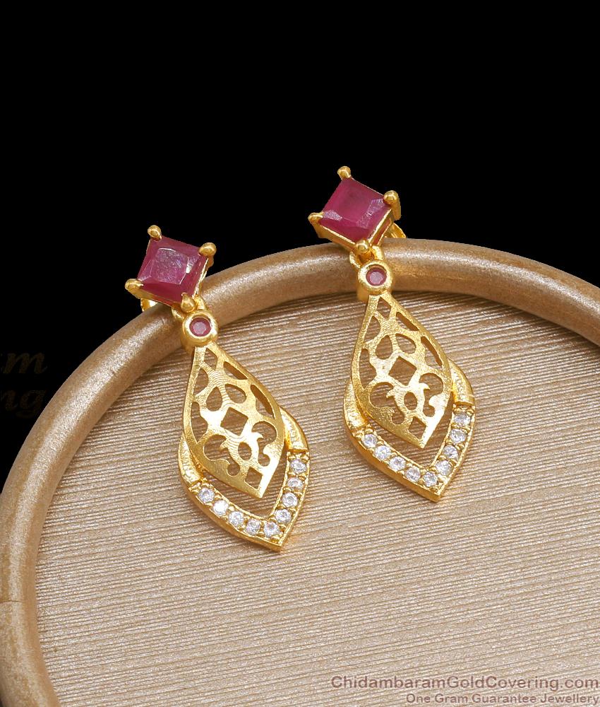 Arabic Pattern Gold Earrings Ruby Stone Danglers Office Wear ER3882