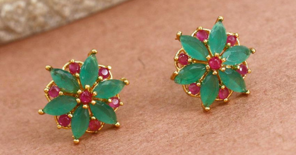 Stylish Gold Plated Studs Ruby Green Floral Earrings Designs ER3891