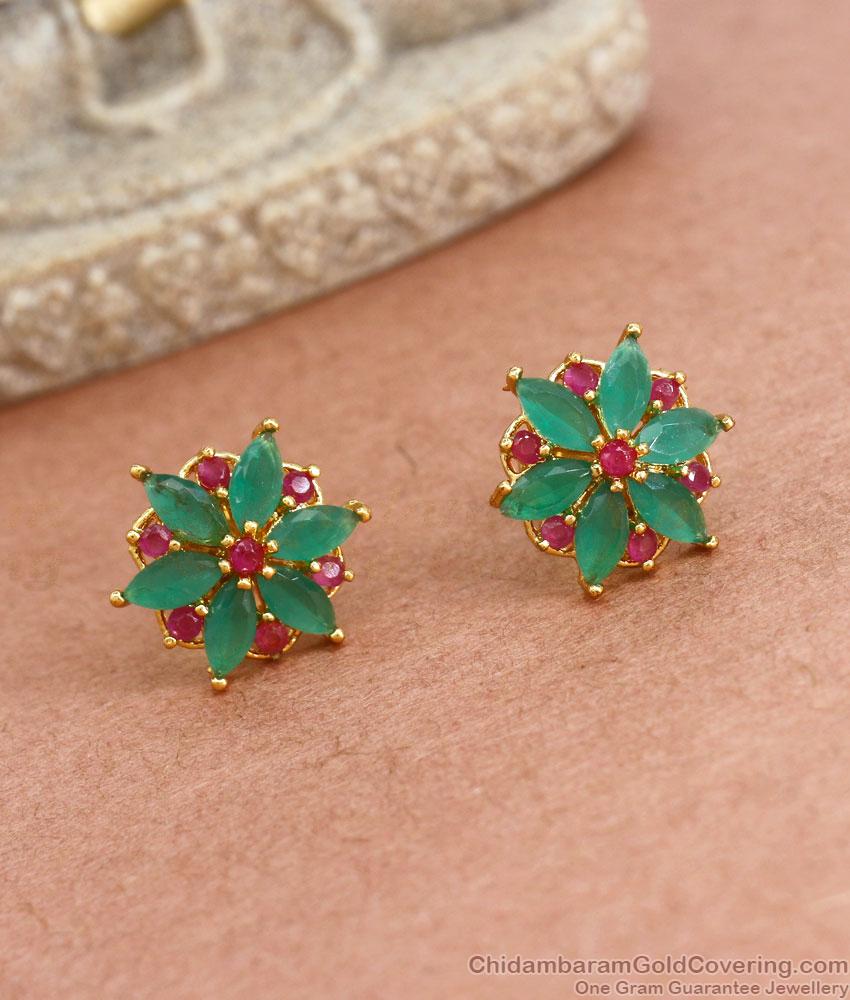 Stylish Gold Plated Studs Ruby Green Floral Earrings Designs ER3891