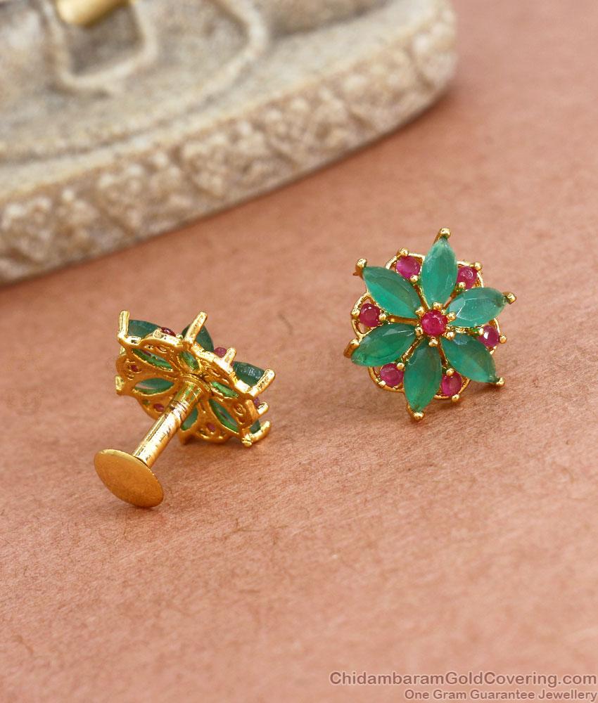 Stylish Gold Plated Studs Ruby Green Floral Earrings Designs ER3891