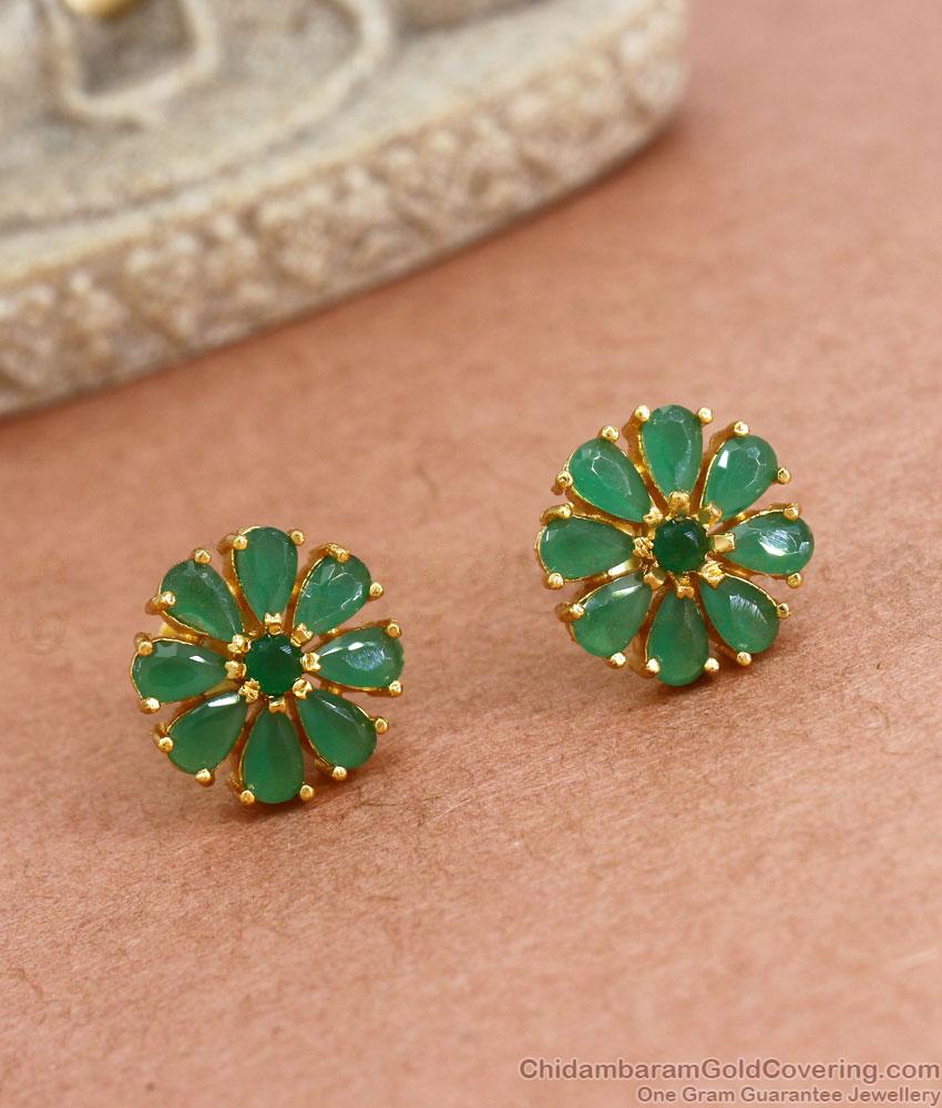 8 Petal Emerald Stone Gold Studs Earrings Shop Online ER3892