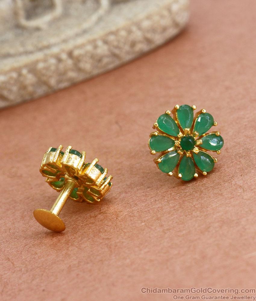 8 Petal Emerald Stone Gold Studs Earrings Shop Online ER3892 8 Petal Emerald Stone Gold Studs Earrings Shop Online ER3892